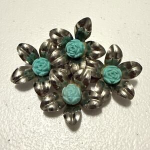 Vintage 1950s Floral Brooch Blue Plastic Roses Riveted Silver Tone Mid Century